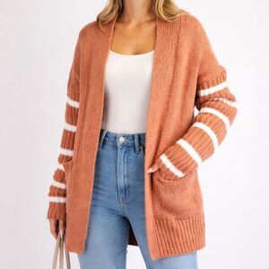 Easel Los Angeles Brown Knit Cardigan White Stripe Sleeves Open Front Size M